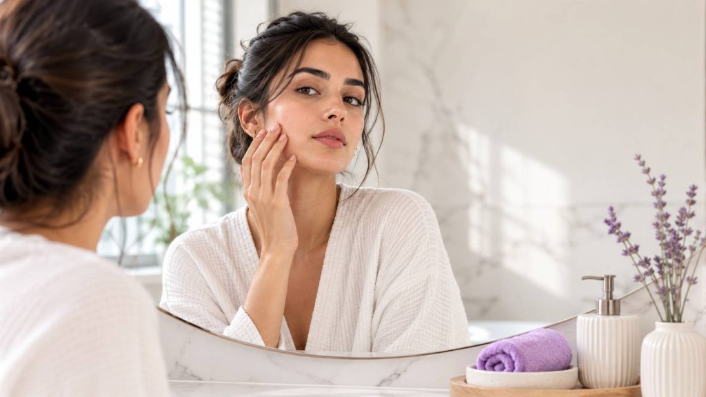 تشخیص نوع پوست با بررسی پوست صورت مقابل آینه در نور طبیعی